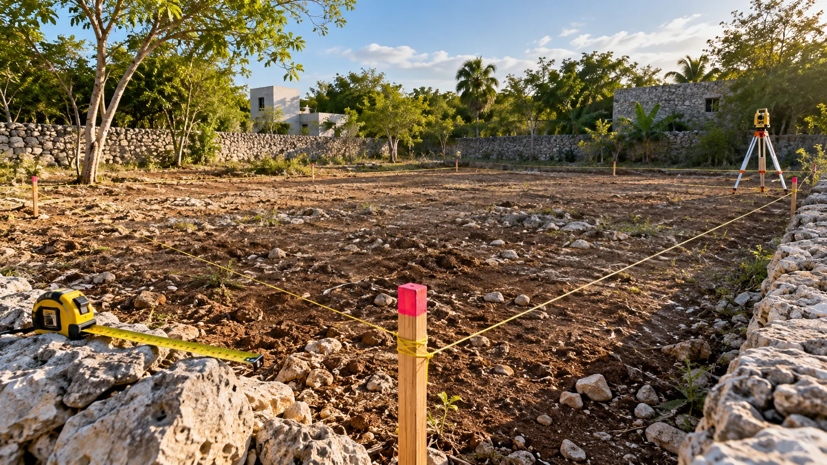Terreno marcado con estacas, líneas guía y equipo topográfico