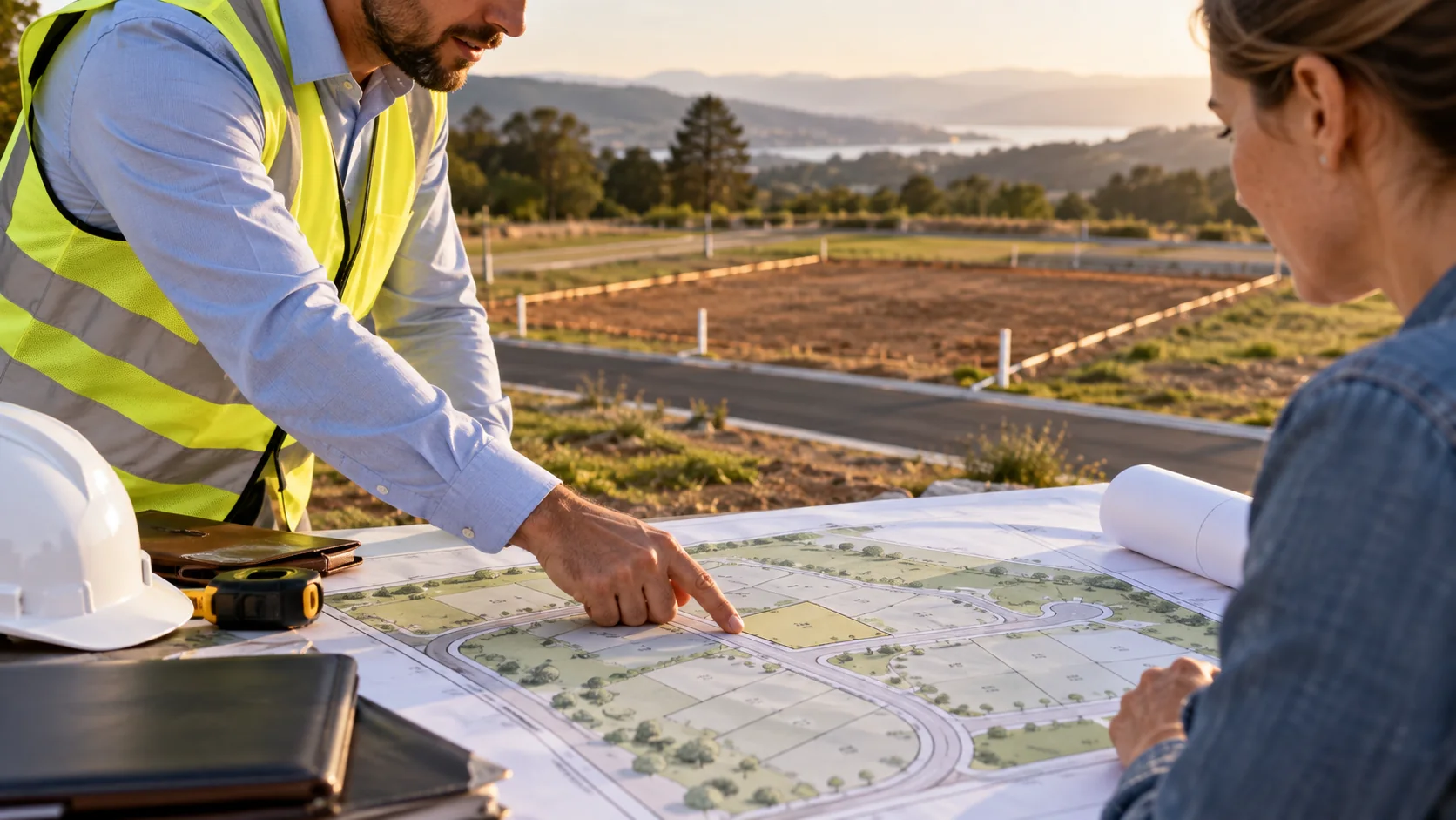 Profesionales revisando el plano de un desarrollo y sus lotes