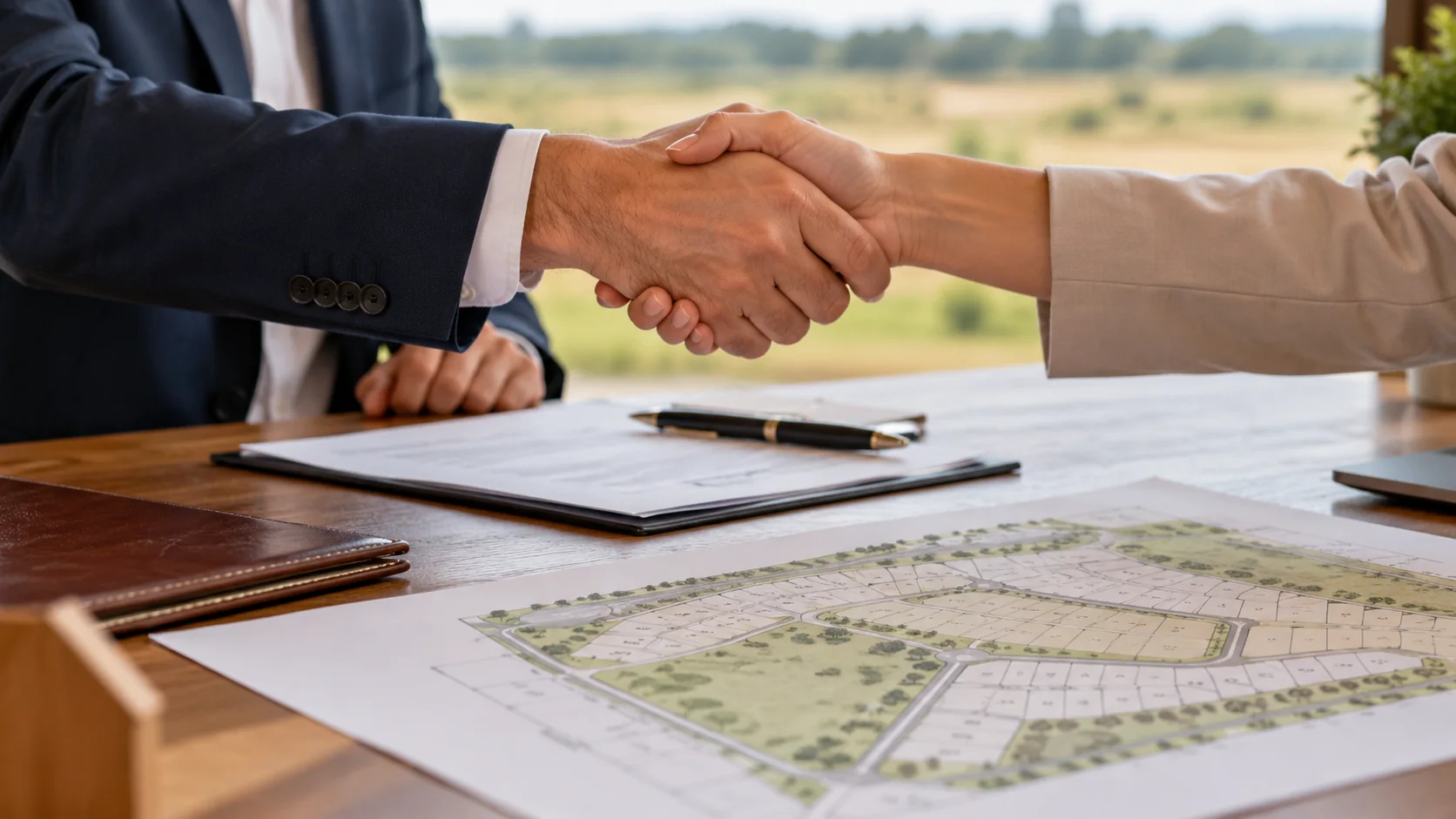 Personas estrechando las manos sobre un contrato y un plano de lotes