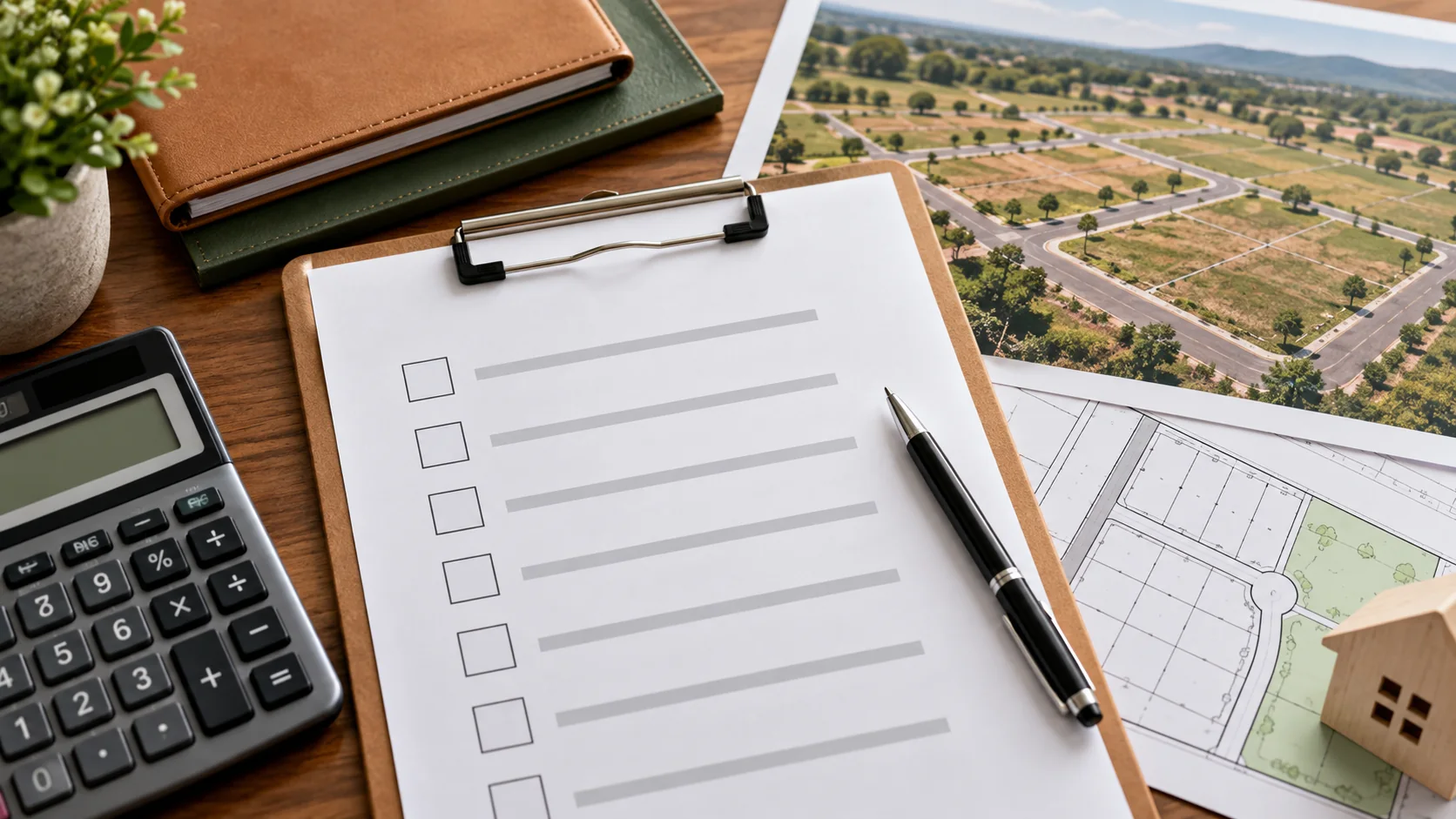 Lista de verificación, calculadora, plano y vista aérea de un desarrollo