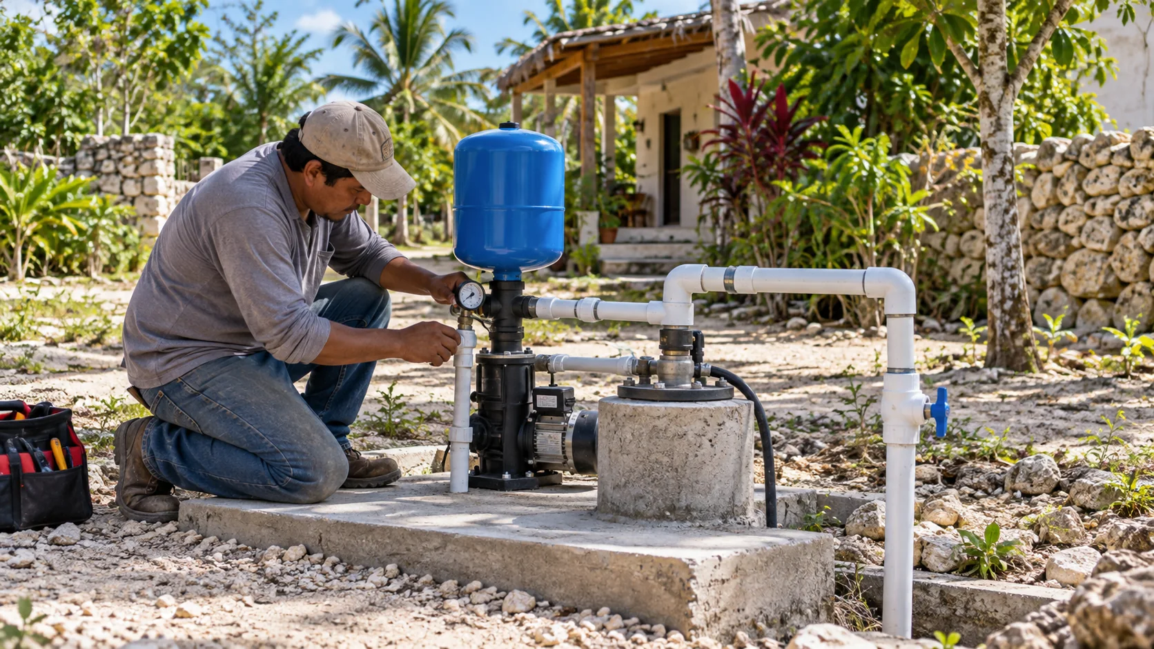 Técnico revisando una bomba y tuberías de un sistema de pozo